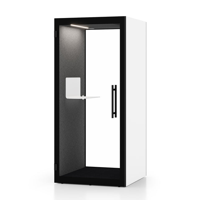 "Compact soundproof chatbox single pod with glass door and ventilation system, designed for private calls in open office spaces."