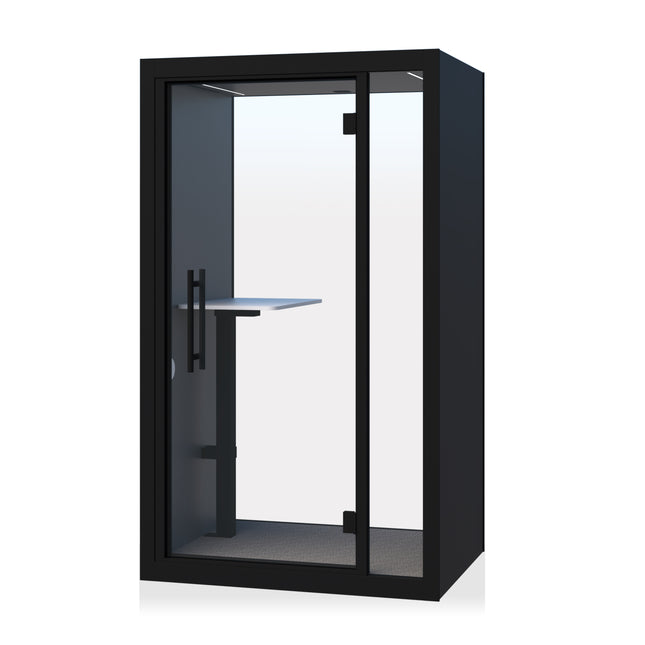 "Chatbox Solo with adjustable white desk – soundproof private pod for focused work in open offices."
