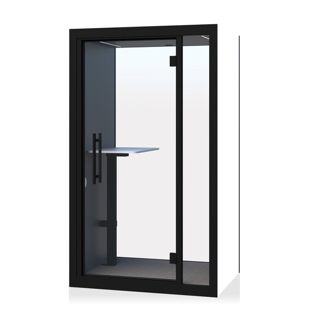 "Chatbox Solo with adjustable white desk – soundproof private pod for focused work in open offices."