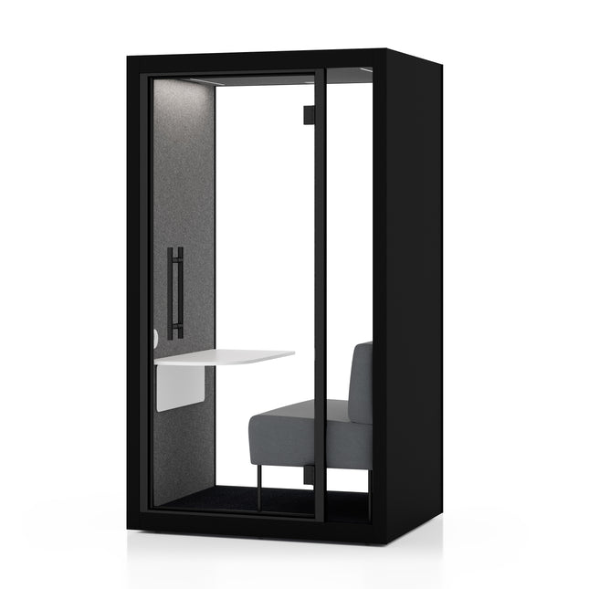 "Soundproof single-person chatbox pod with glass door, ventilation, and modern design for private calls in open offices."